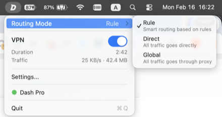 Dash VPN macOS Menu Bar